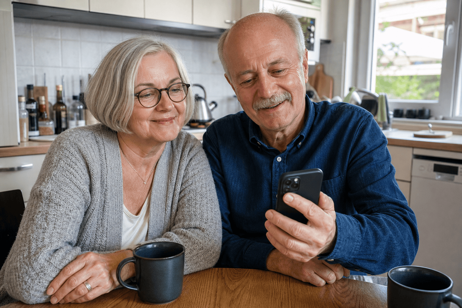 Grandparents smiling warmly at a new photo of their grandchild on a phone