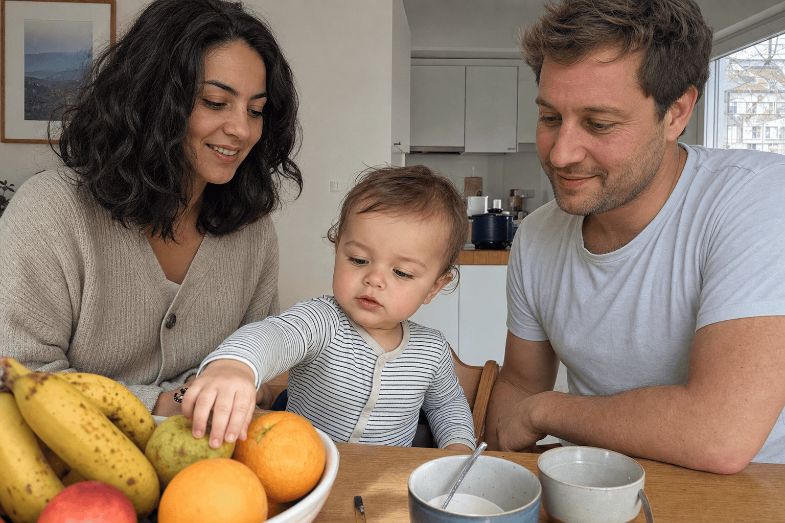 Parents and their toddler at the kitchen table on an ordinary morning
