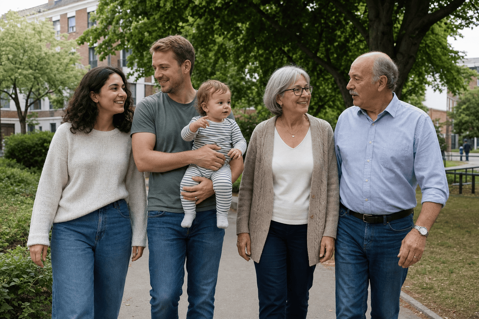 Two parents, their toddler and both grandparents walking together in a park